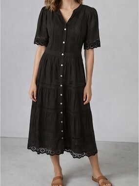 GAP Black Button-Front Eyelet Midi Dress